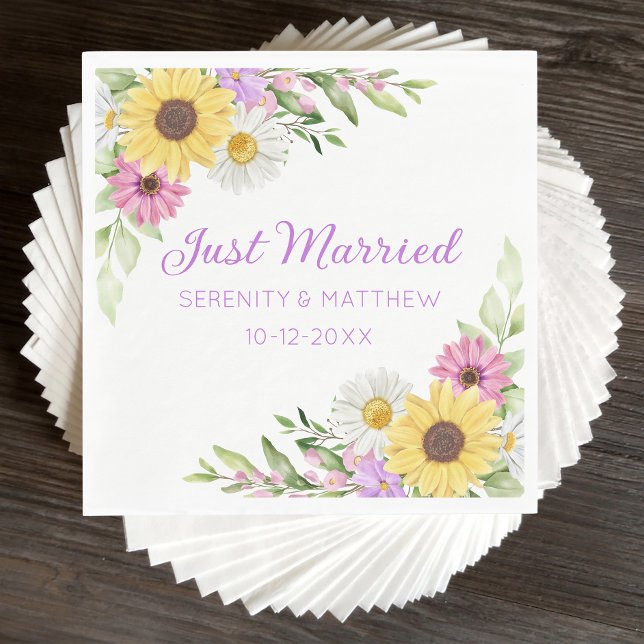 Floral Wedding Wildflower Sunflower Just Married Napkin (Creator Uploaded)