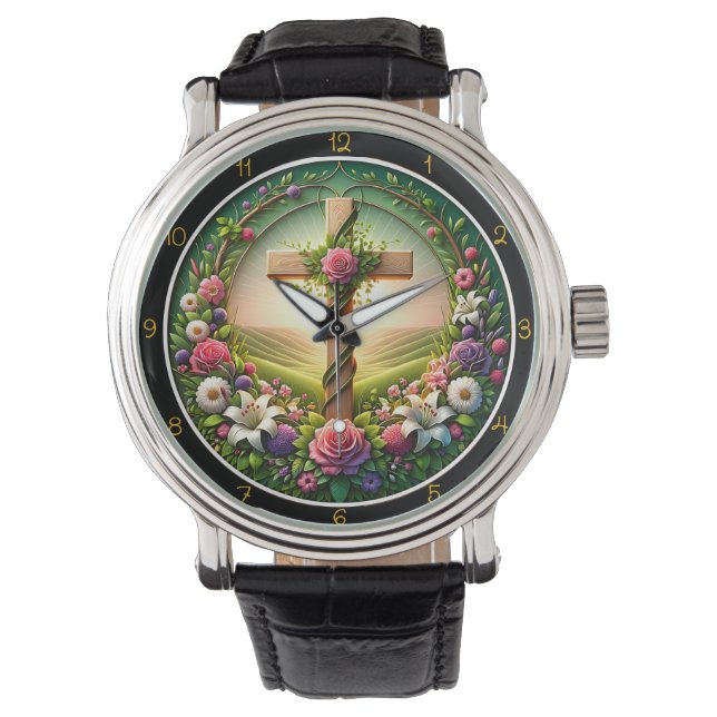 Floral Welcome Cross Garden Clock Watch (Front)