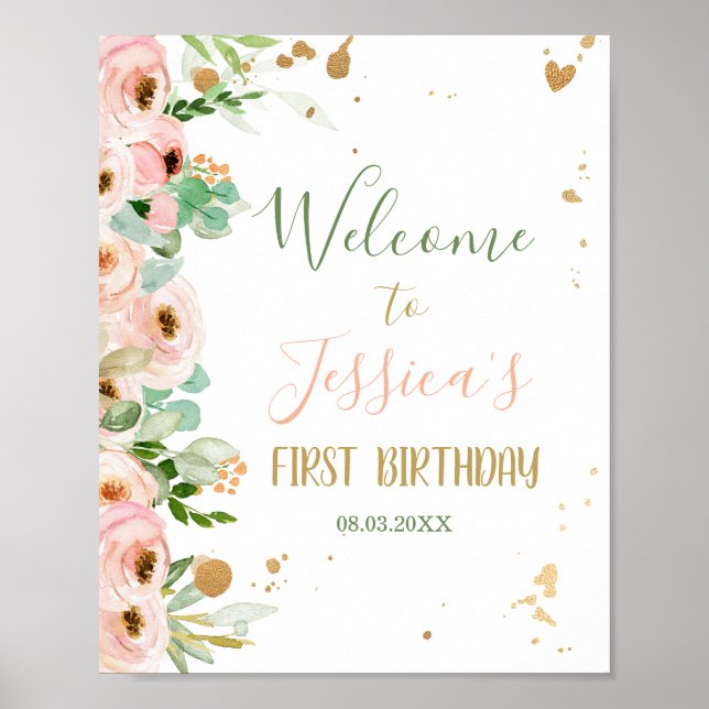 Floral Welcome Sign Miss Onederful Peach Pink Girl (Front)