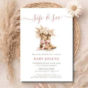 Floral Western Boots & Coquette Bow Girl Sip & See Invitation
