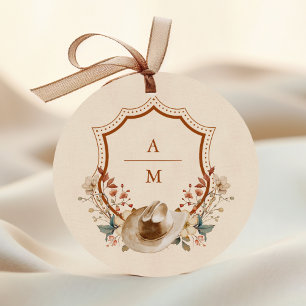 Floral Western Crest Monogram Wedding  Classic Round Sticker