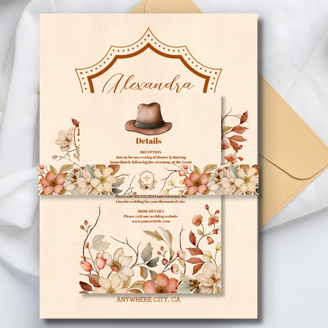 Floral Western Crest Monogram Wedding  Invitation Belly Band (Creator Uploaded)
