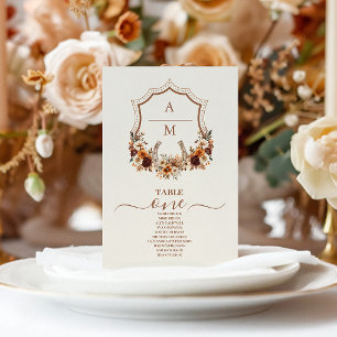 Floral Western Crest Monogram Wedding  Table Number