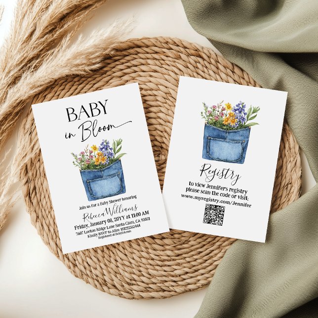 Floral Western Denim Pocket Baby In Bloom Shower Invitation (Creator Uploaded)