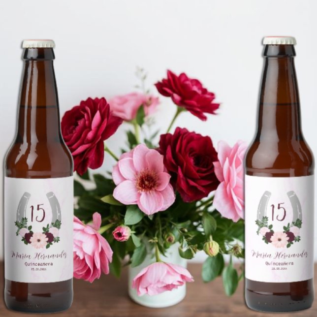 Floral Western Horseshoe Quinceanera Beer Bottle Label (Creator Uploaded)