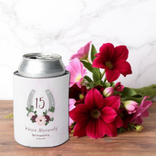 Floral Western Horseshoe Quinceanera Can Cooler