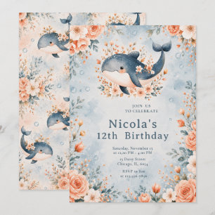 Floral Whale Birthday Invitation
