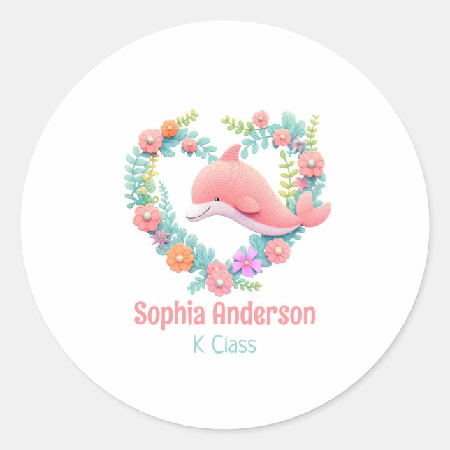 Floral Whale Heart Love Back To School Name Classic Round Sticker (Front)