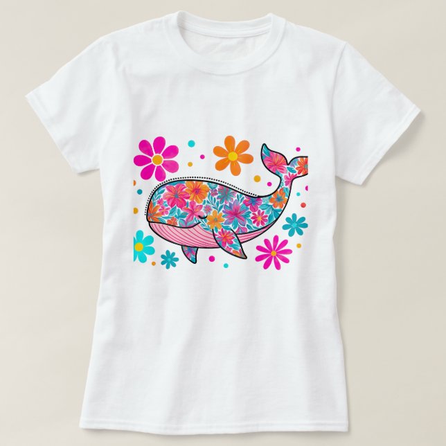 Floral Whale with Colourful Flowers – Boho Ocean  T-Shirt (Design Front)