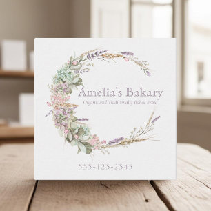 Floral wheat, lavender and greenary wreath bakery Square Business Card