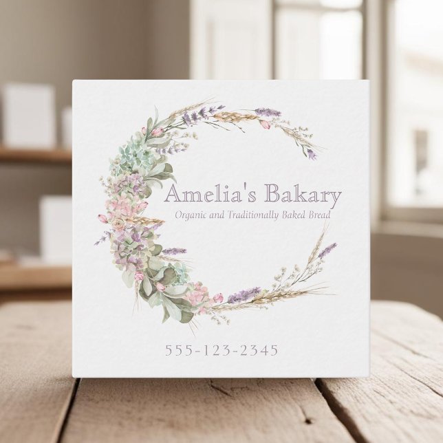  Floral wheat, lavender and greenary wreath bakery Square Business Card (Creator Uploaded)