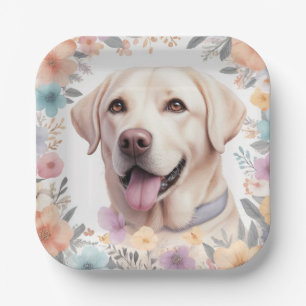 Floral Whimsical Labrador Retriever Illustration Paper Plate