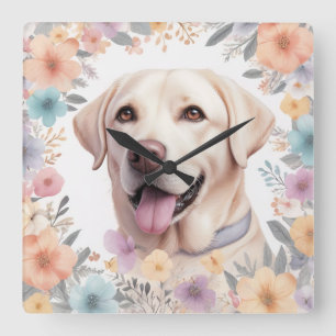 Floral Whimsical Labrador Retriever Illustration Square Wall Clock
