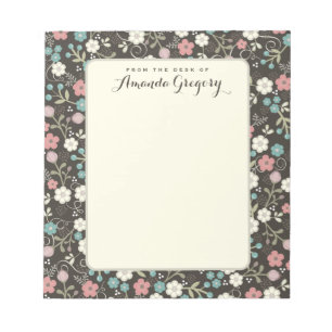 Floral Whimsy Personalised Desk Notepad   Black