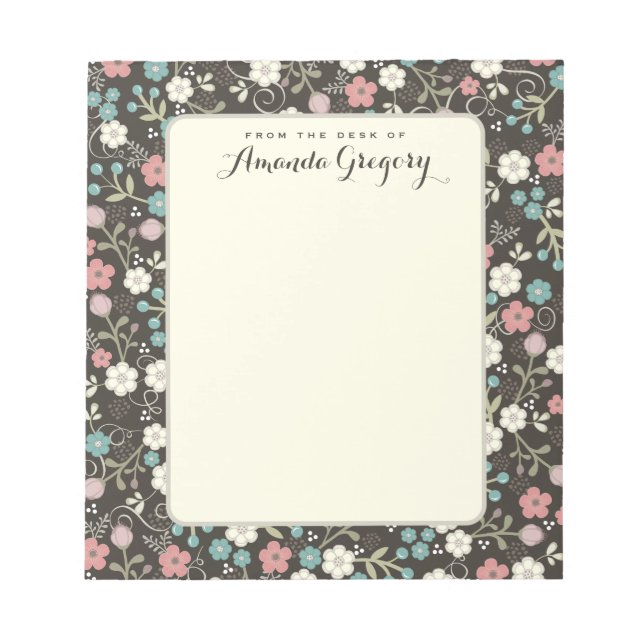 Floral Whimsy Personalised Desk Notepad | Black (Front)