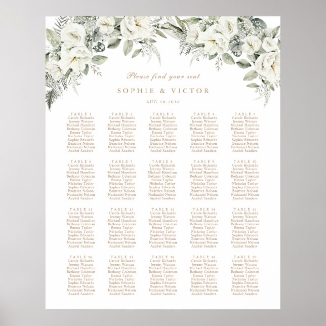 Floral White 20 Table Wedding Seating Chart (Front)