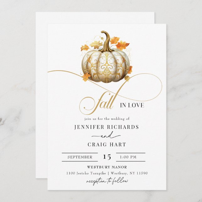 Floral White and Gold | Pumpkin Fall Wedding Invitation (Front/Back)