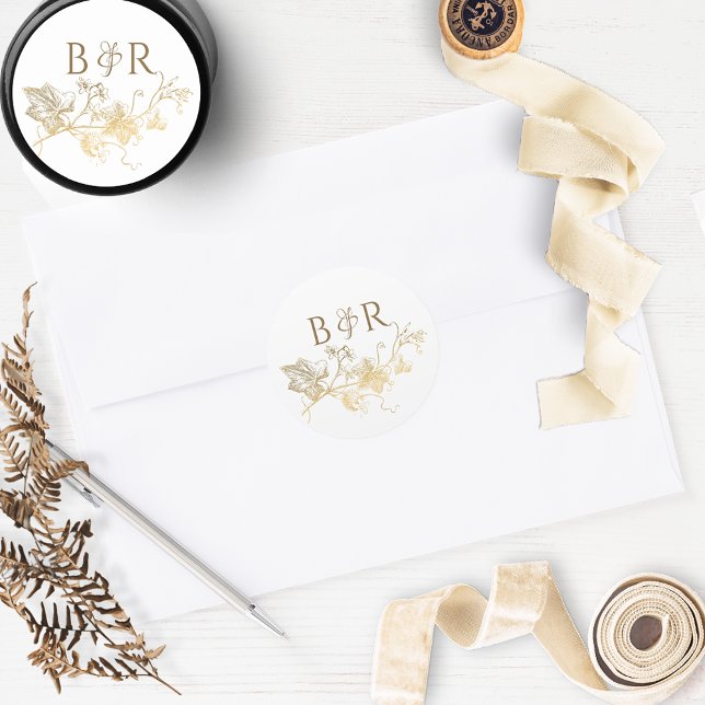Floral White and Gold Wedding Envelope Seal/Favour Classic Round Sticker (Creator Uploaded)