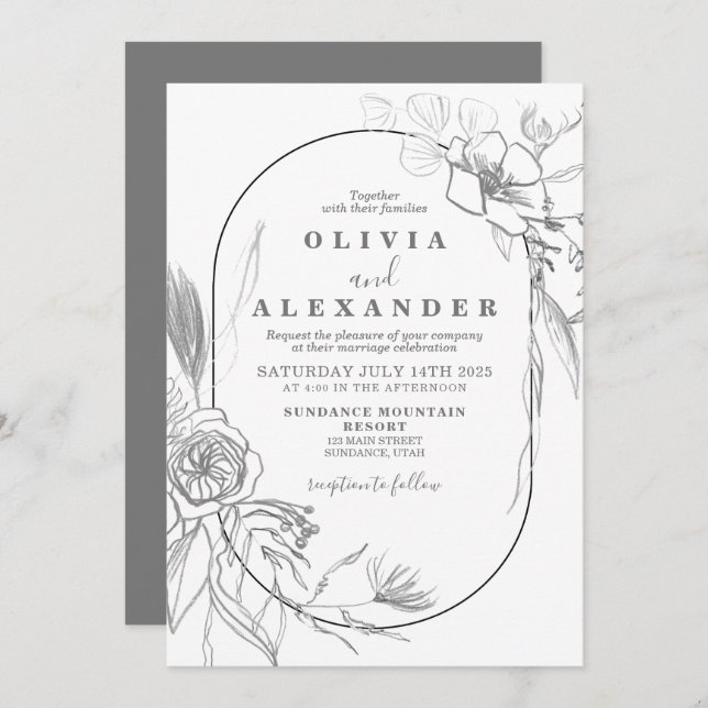 Floral White and Grey flower wedding Invitation (Front/Back)