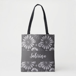 Floral white and grey tote bag