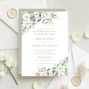 Floral White and Sage Green Elegant Wedding Invitation