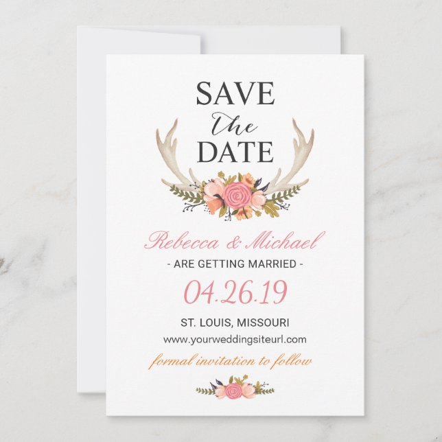 Floral White Antler Boho Wedding Save the Date (Front)