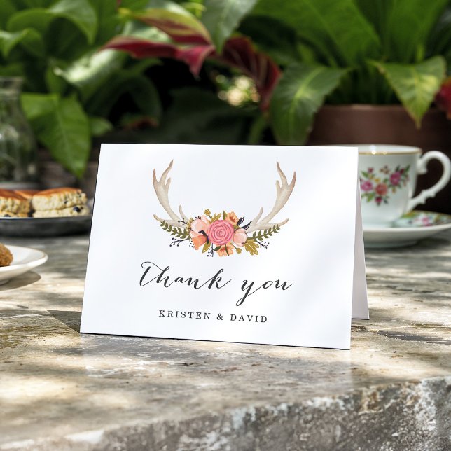 Floral White Antler Chic Boho Style Thank You Card (Creator Uploaded)