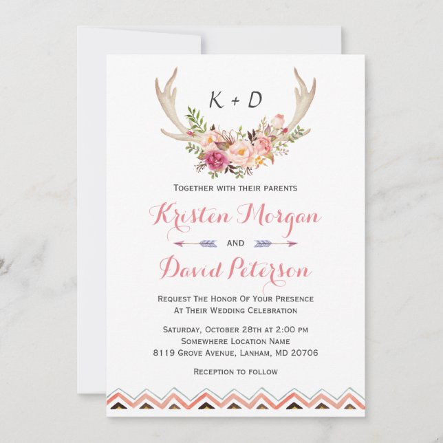 Floral White Antler Ethnic Boho Decor Wedding Invitation (Front)