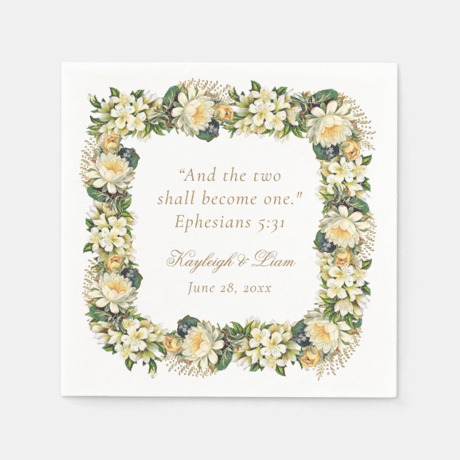 Floral White Bible Verse Christian Wedding Napkin (Front)