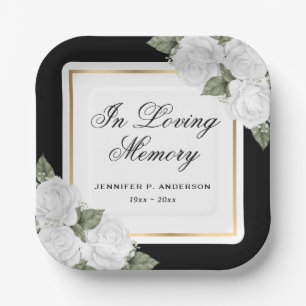 Floral White Black Gold In Loving Memory Paper Plate