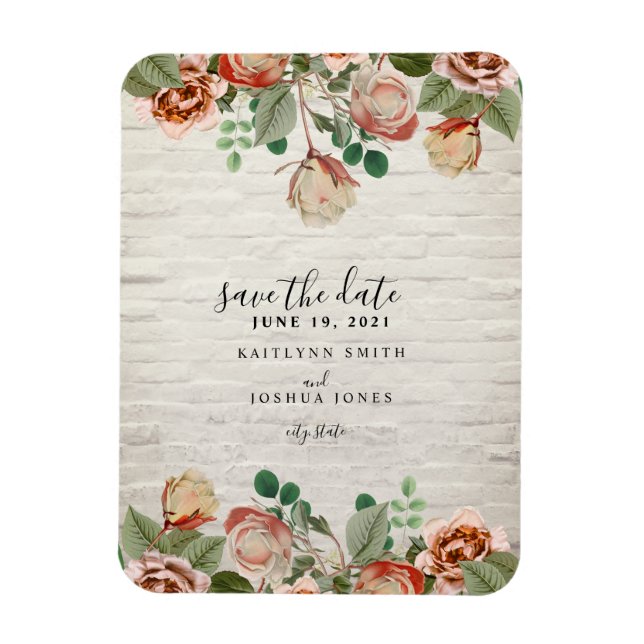 Floral White Brick Wedding Save The Date Magnet (Vertical)