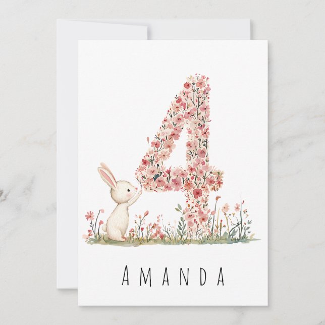 Floral White Bunny 4th Birthday Card (Front)