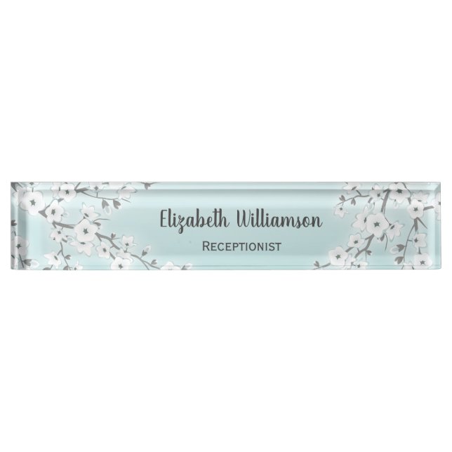 Floral White Cherry Blossom Mint Desk Name Plate (Front)