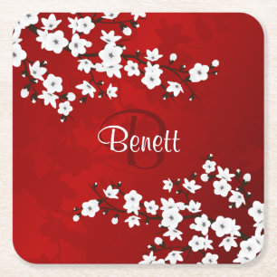 Floral White Cherry Blossom Red Add Name Monogram Square Paper Coaster
