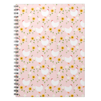 Floral White Chickens on Pink Notebook