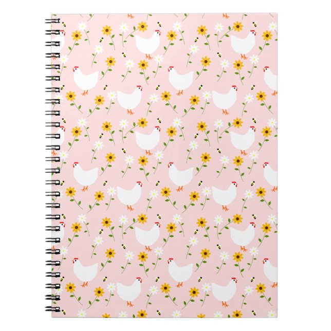 Floral White Chickens on Pink Notebook (Front)