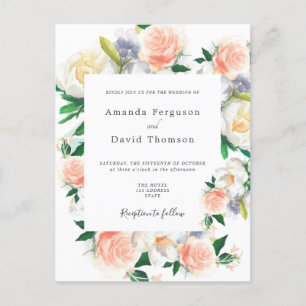 Floral white coral modern wedding invitation postcard