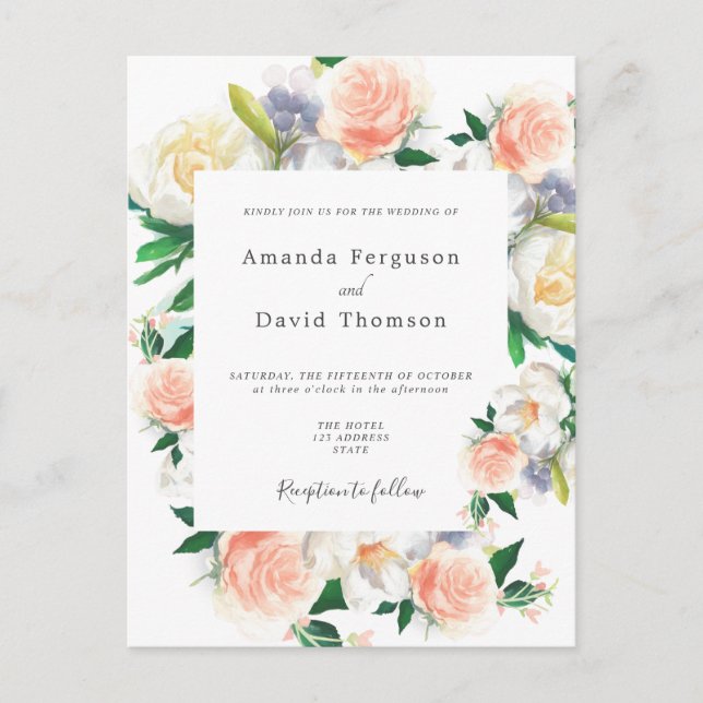 Floral white coral modern wedding invitation postcard (Front)