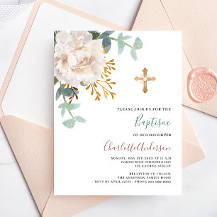 Floral white cross budgety baptism invitation