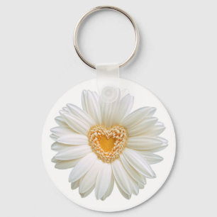 Floral White Daisy Flower Yellow Heart Key Ring