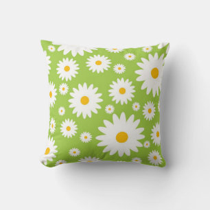 Floral White Daisy Flowers Daisies Green White Cushion