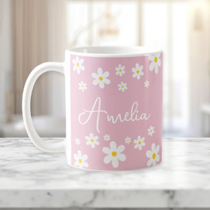Floral White Daisy Pink Personalized Mug