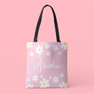 Floral White Daisy Pink Tote Bag