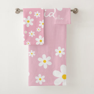Floral White Daisy Pink Towel Set