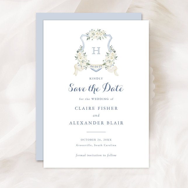 Floral White Dusty Blue Crest Save the Date Invitation (Creator Uploaded)