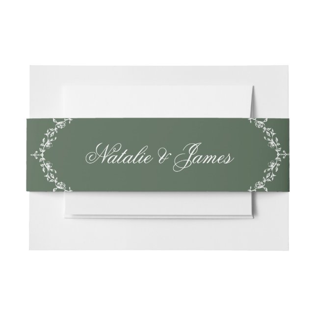 Floral White Emerald Green Old Money Fancy Wedding Invitation Belly Band (Front Example)