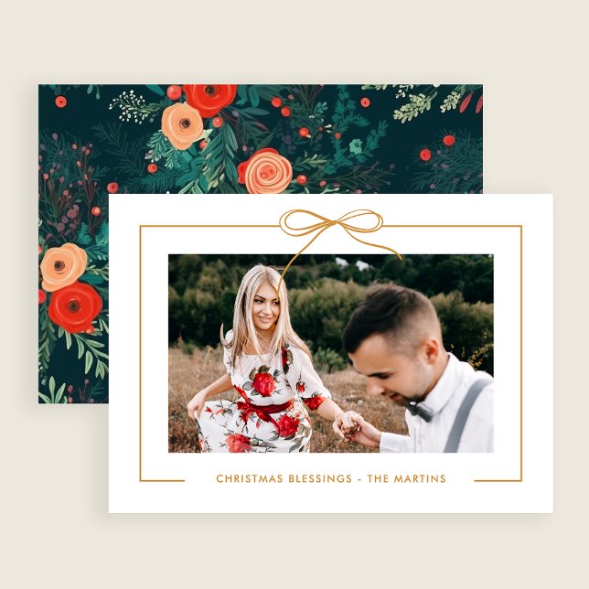Floral White Gold Bow Framed Photo Christmas  Holiday Card (Creator Uploaded)