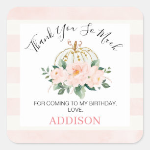 Floral White Gold Pumpkin Birthday Favour Sticker