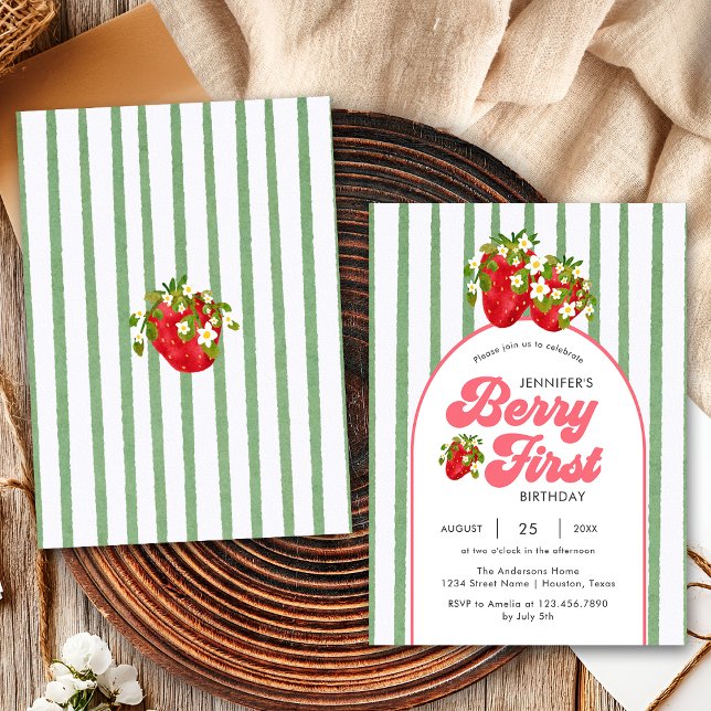 Floral White Green Strawberry Berry 1st Birthday Invitation (Creator Uploaded)