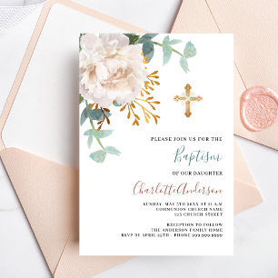Floral white greenery gold cross luxury baptism invitation